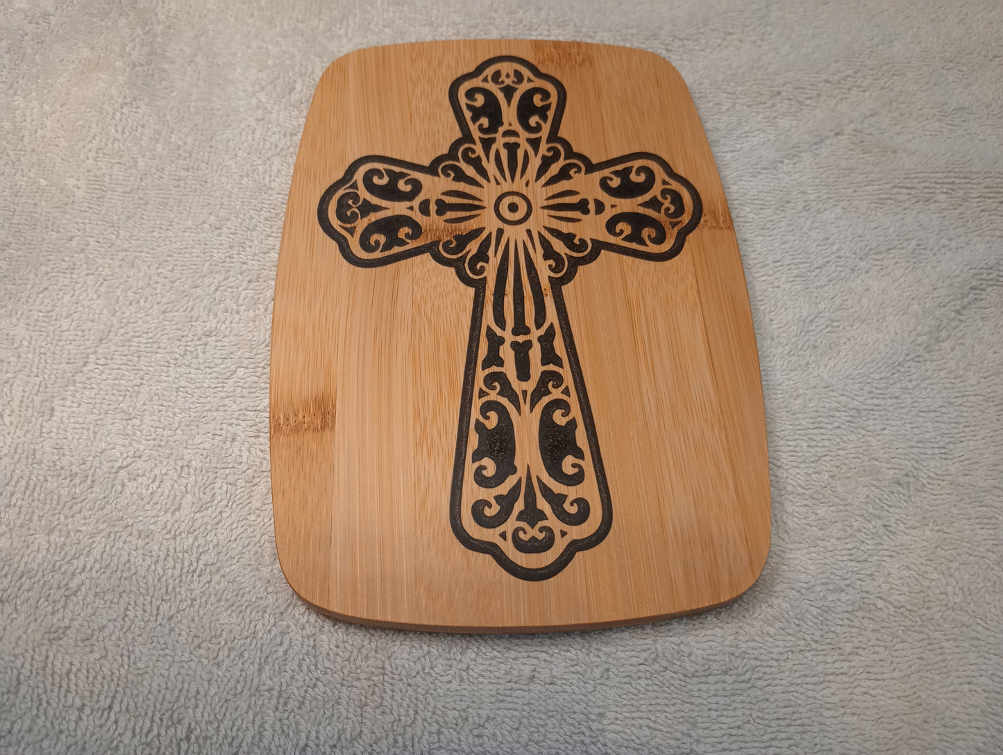 Bamboo cutting board with food grade epoxy inlays - fancy cross
