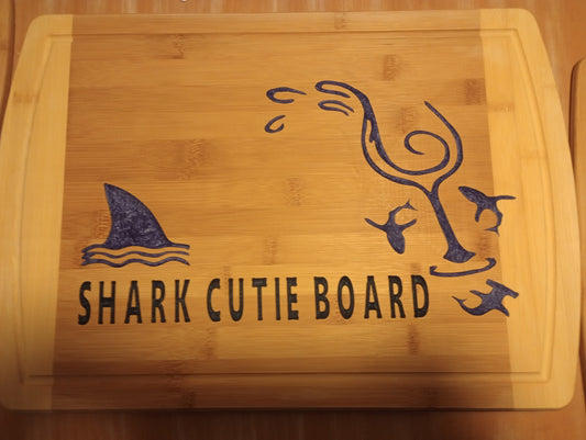 Bamboo cutting board with food grade epoxy inlays - shark cutie