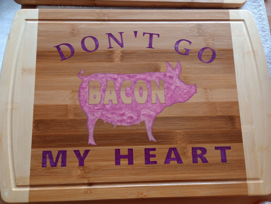 Bamboo cutting board with food grade epoxy inlays - Don't go bacon my heart