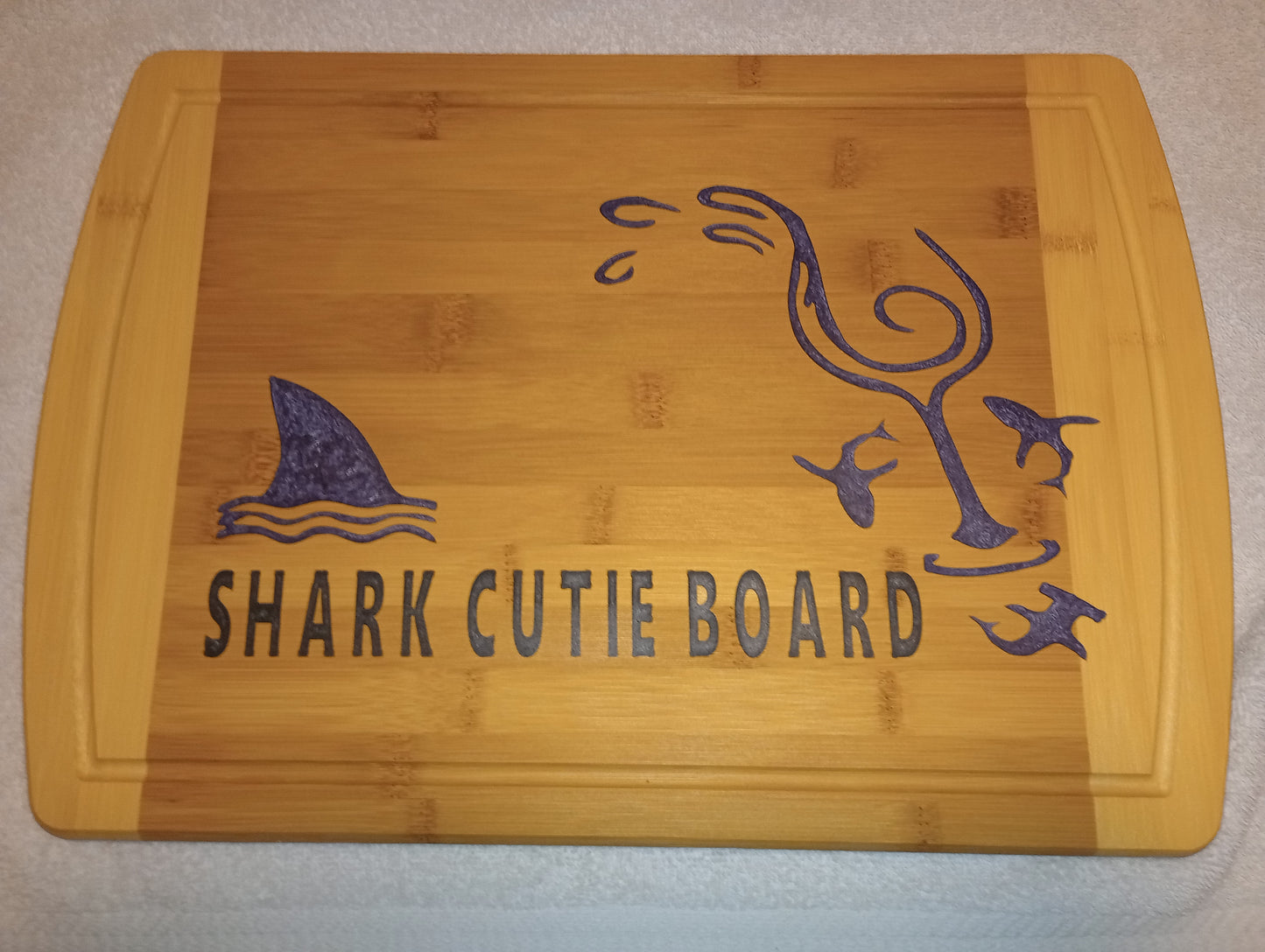 Bamboo cutting board with food grade epoxy inlays - shark cutie