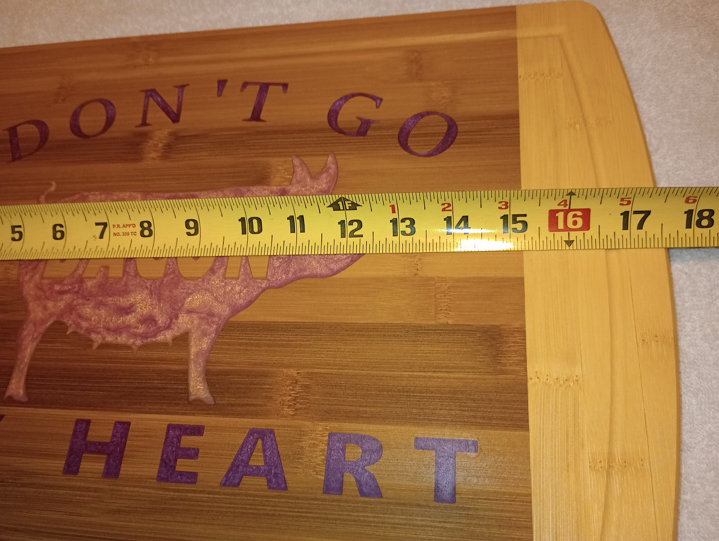 Bamboo cutting board with food grade epoxy inlays - Don't go bacon my heart