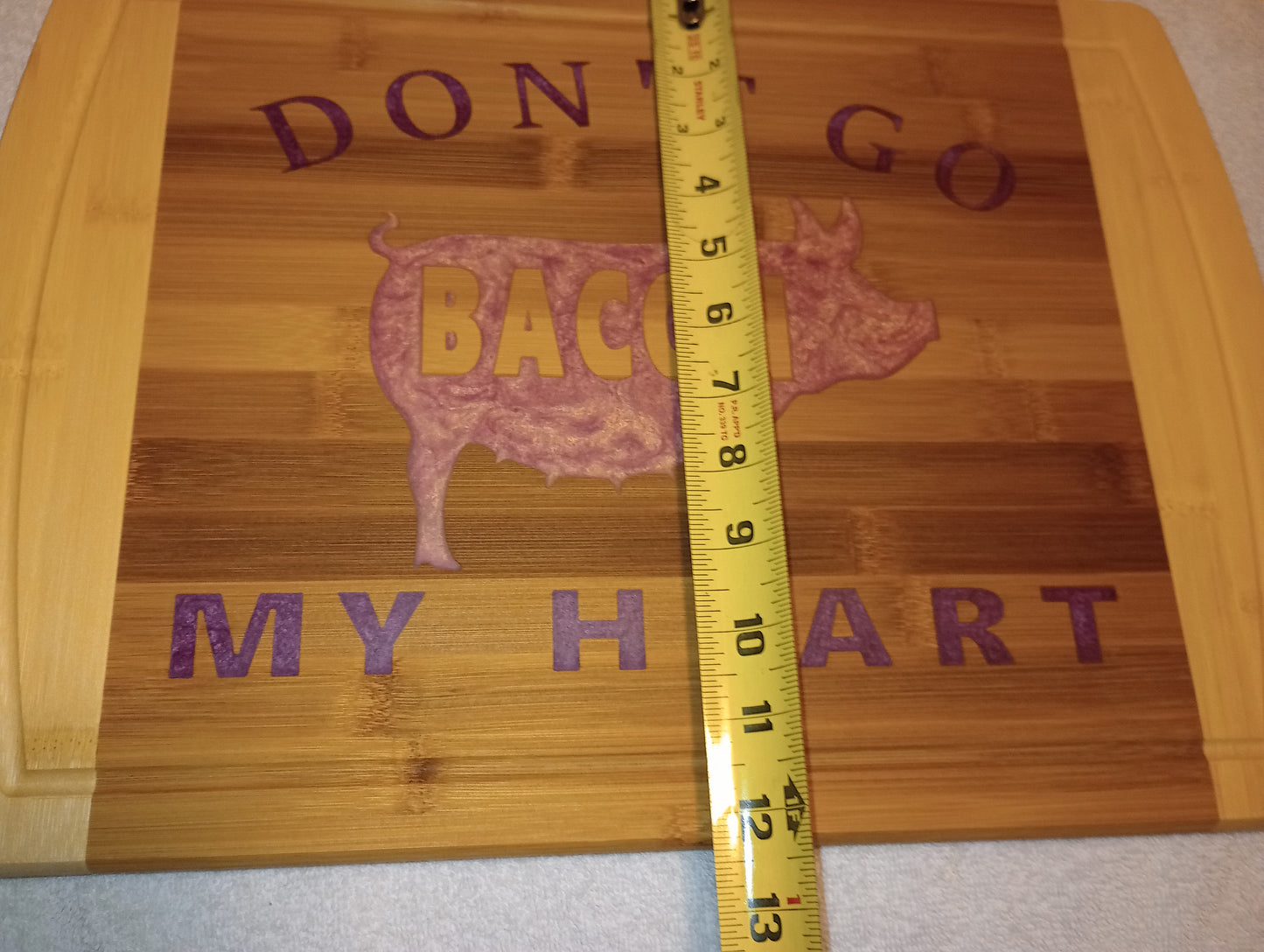 Bamboo cutting board with food grade epoxy inlays - Don't go bacon my heart