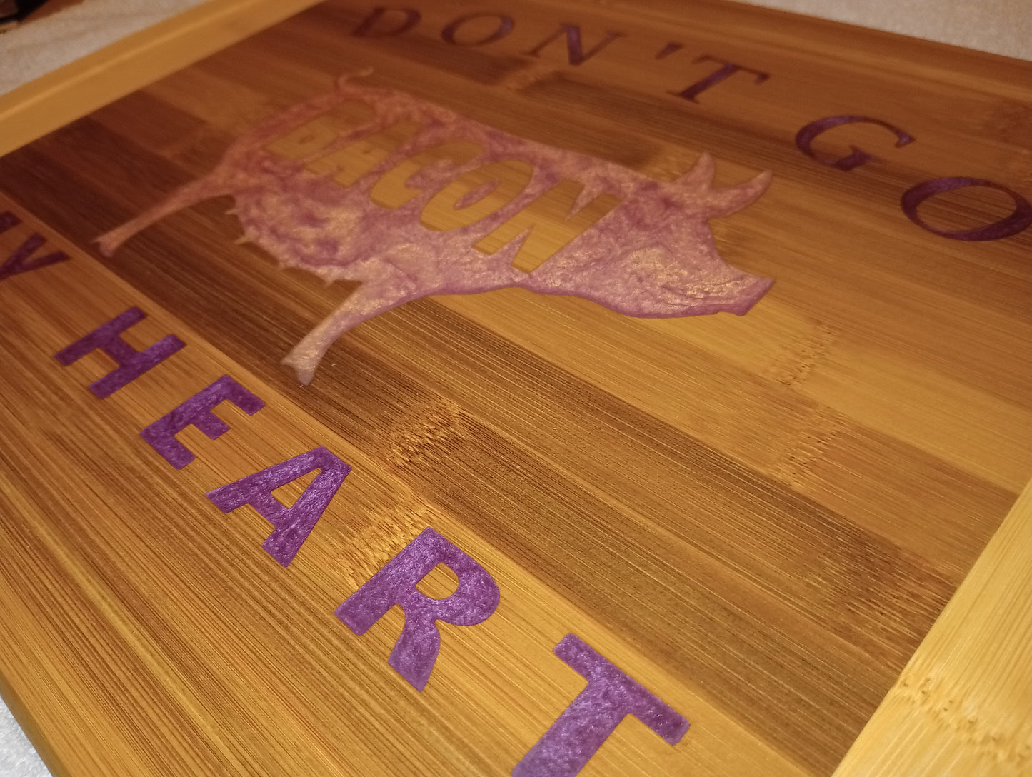 Bamboo cutting board with food grade epoxy inlays - Don't go bacon my heart