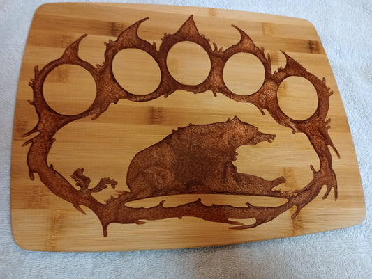 Bamboo cutting board with food grade epoxy inlays - Bear paw , sitting bear