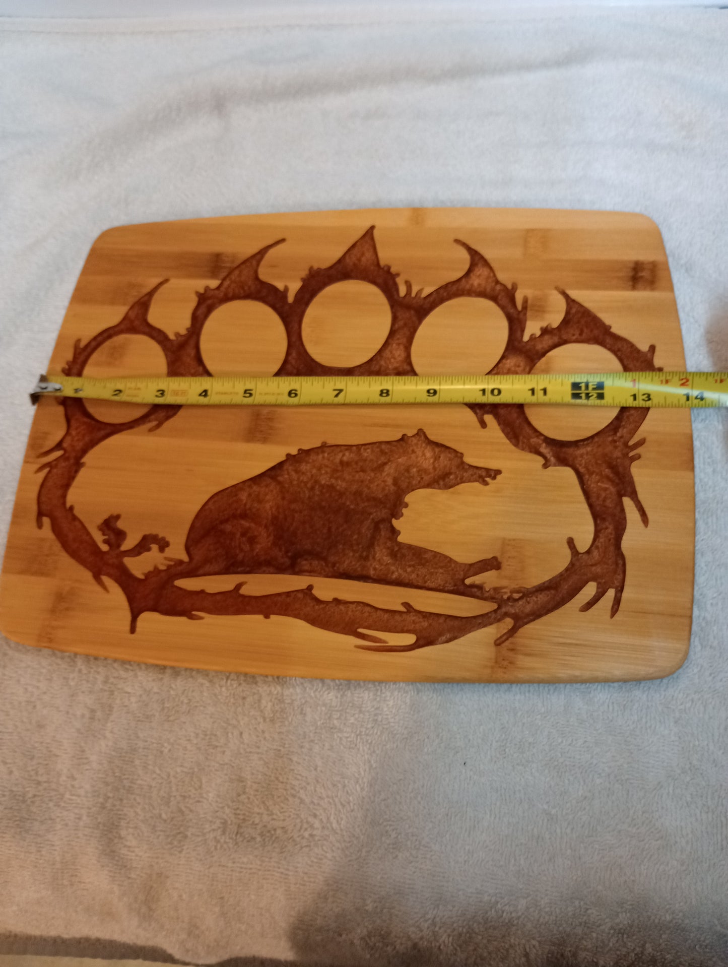 Bamboo cutting board with food grade epoxy inlays - Bear paw , sitting bear