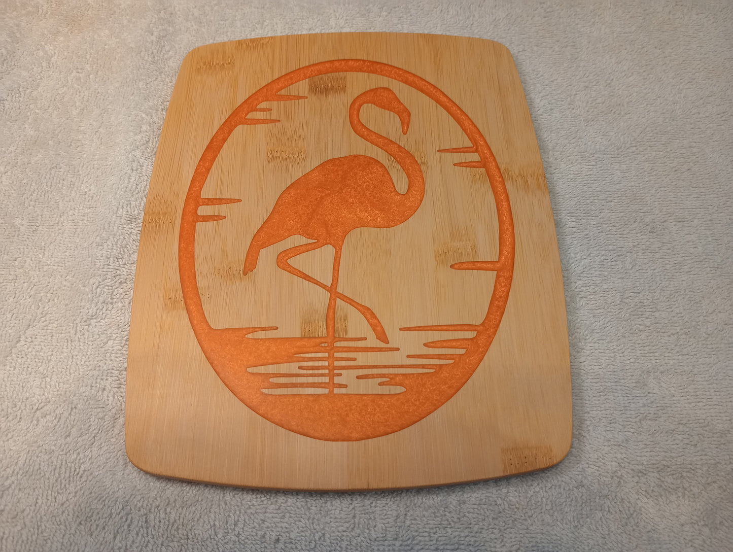 Bamboo cutting board with food grade epoxy inlays - flamingo