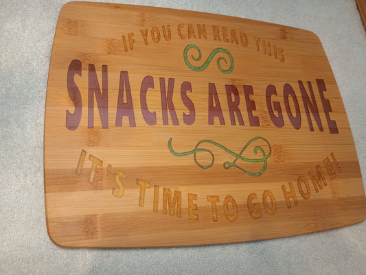 Bamboo cutting board with food grade epoxy inlays - snacks are gone go home