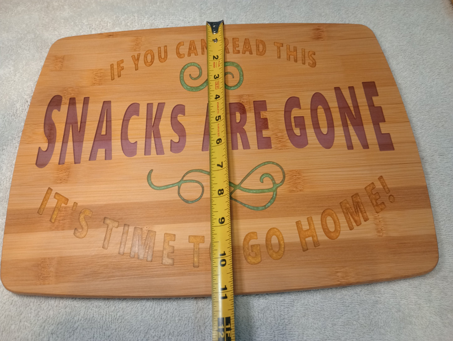 Bamboo cutting board with food grade epoxy inlays - snacks are gone go home