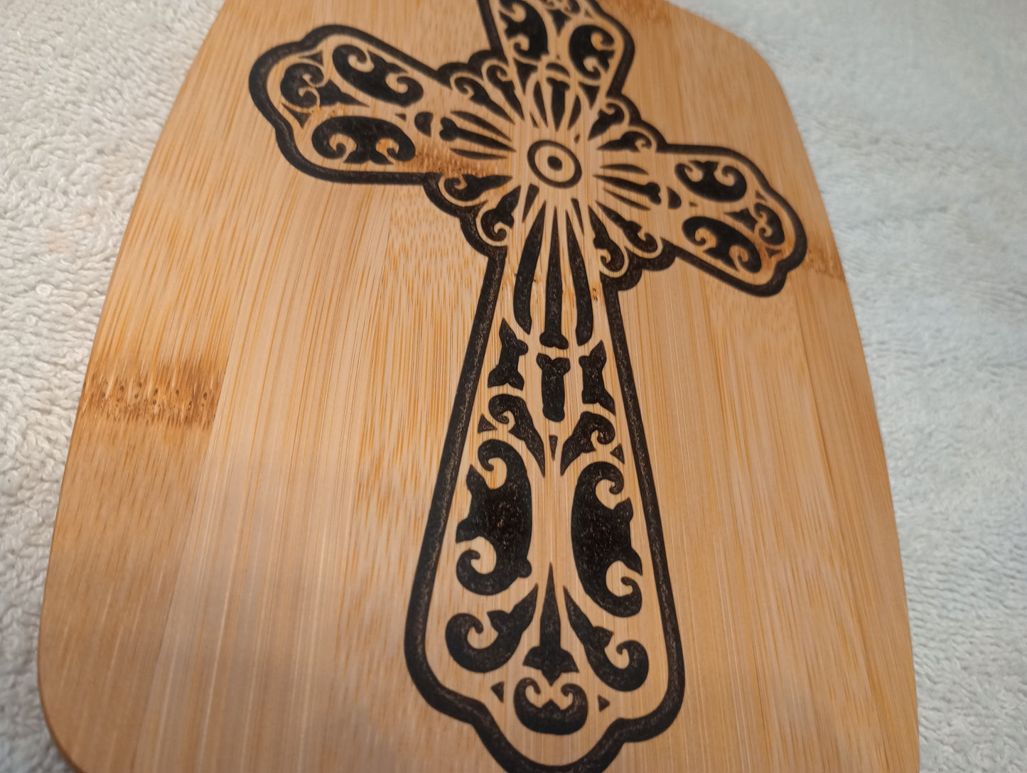 Bamboo cutting board with food grade epoxy inlays - fancy cross